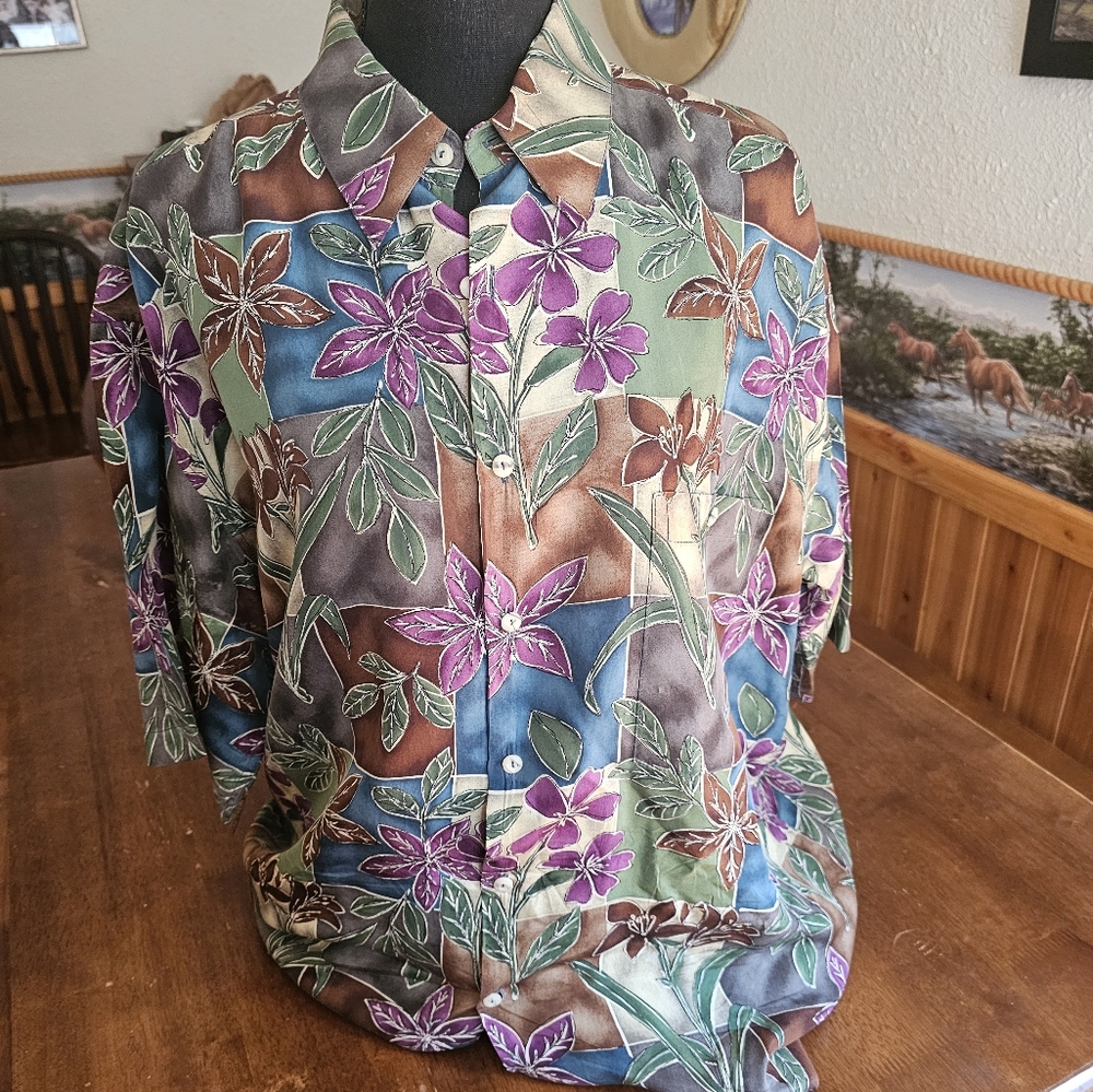 Coldwater Creek Patchwork Floral Button-Up Shirt in Purple, Brown, Blue
